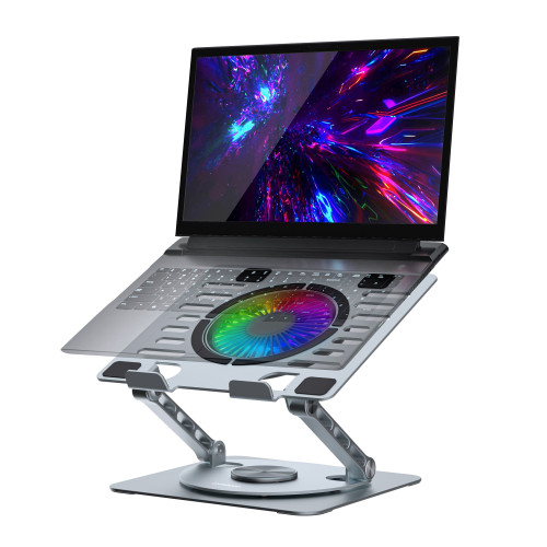 mbeat Stage S8 Rotating Laptop Stand with RGB Cooling Fan and USB Ports Material: Aluminium alloy Package Weight: 1.08kg mbeat Stage S8 Rotating Laptop Stand with RGB Cooling Fan and USB Ports Material: Aluminium alloy Package Weight: 1.08kg