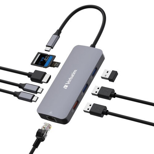 Verbatim USB-C Pro Multiport Hub 9 Ports,1 x HDMI, 1 x RJ45, 2 x USB-C 3.2 Gen2, 1 x USB-A 3.2 Gen2, 2 x USB-A 3.2 Gen1, 1 x SD card slot, 1 x microSD Verbatim USB-C Pro Multiport Hub 9 Ports,1 x HDMI, 1 x RJ45, 2 x USB-C 3.2 Gen2, 1 x USB-A 3.2 Gen2, 2 x USB-A 3.2 Gen1, 1 x SD card slot, 1 x microSD