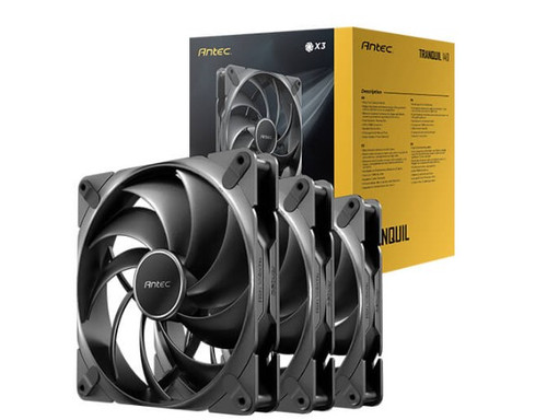 Antec Tranquil140, PWM, 2000RPM, 59.23CFM, 2.46mmH₂O, 4 Pin PWM Connector, 140mm x 25mm Performance case Fan, Tranquil Series 3 Pack Antec Tranquil140, PWM, 2000RPM, 59.23CFM, 2.46mmH₂O, 4 Pin PWM Connector, 140mm x 25mm Performance case Fan, Tranquil Series 3 Pack