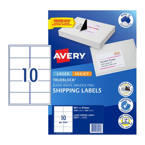 Avery Shipping Labels with Trueblock® for Laser Printers, 99.1 x 57 mm, 1000 Labels (959031 / L7173)