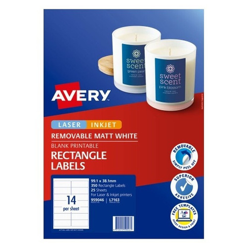 Avery Removable Multi-purpose Labels for Laser, Inkjet Printers, 99.1 x 38.1 mm, 350 Labels (959046 / L7163)