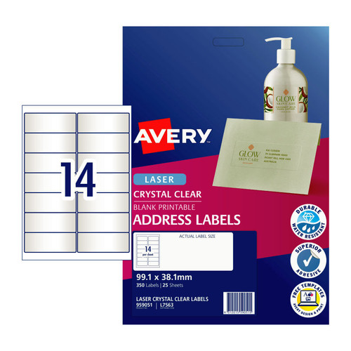 Avery Crystal Clear Address Labels for Laser Printers, 99.1 x 38.1 mm, 350 Labels (959051 / L7563)