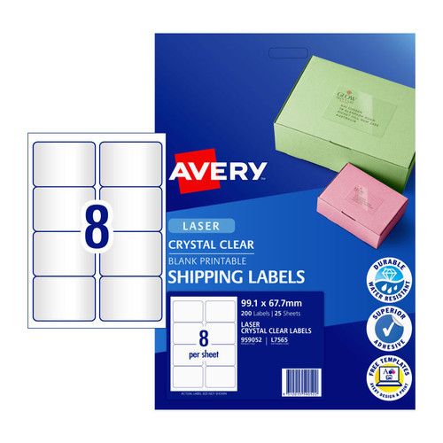Avery Crystal Clear Shipping Labels for Laser Printers, 99.1 x 67.7 mm, 200 Labels (959052 / L7565)