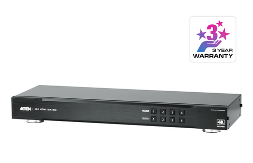 Aten Professional Matrix 4x4 HDMI Matrix, Supports 4K Resolutions tp to UHD, control via front-panel pushbuttons, IR remote and RS232 Aten Professional Matrix 4x4 HDMI Matrix, Supports 4K Resolutions tp to UHD, control via front-panel pushbuttons, IR remote and RS232
