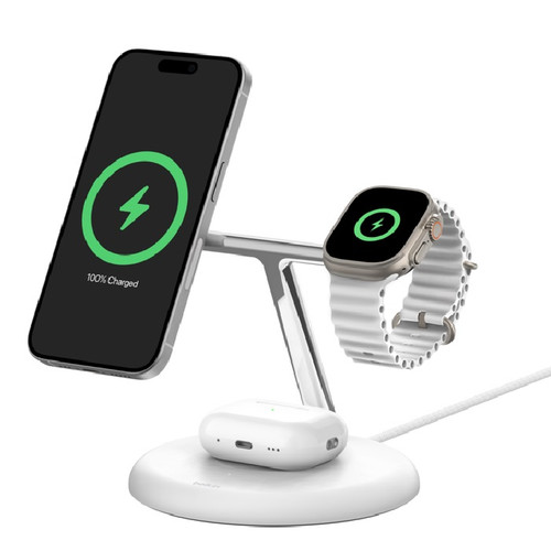 Belkin BoostCharge Pro 3-in-1 Magnetic Wireless Charging Stand with Qi2 15W White(WIZ023AUWH), 36W Power Supply With Attached USB-C Cable Belkin BoostCharge Pro 3-in-1 Magnetic Wireless Charging Stand with Qi2 15W White(WIZ023AUWH), 36W Power Supply With Attached USB-C Cable