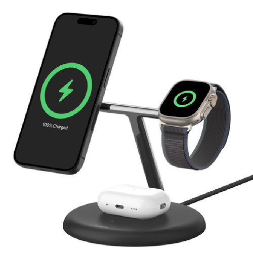 Belkin BoostCharge Pro 3-in-1 Magnetic Wireless Charging Stand with Qi2 15W, Black(WIZ023AUBK), 36W Power Supply With Attached USB-C Cable Belkin BoostCharge Pro 3-in-1 Magnetic Wireless Charging Stand with Qi2 15W, Black(WIZ023AUBK), 36W Power Supply With Attached USB-C Cable