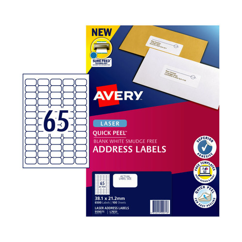 Avery Address Labels with Quick Peel for Laser Printers, 38.1 x 21.2 mm, 6500 Labels (959071 / L7651)