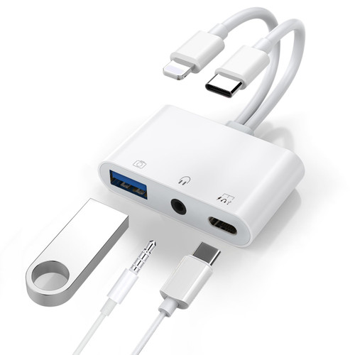 Generic Lightning/USB-C to USB Adapter features a USB OTG Port, 3.5mm Headphone Jack & Fast-charging Port Generic Lightning/USB-C to USB Adapter features a USB OTG Port, 3.5mm Headphone Jack & Fast-charging Port