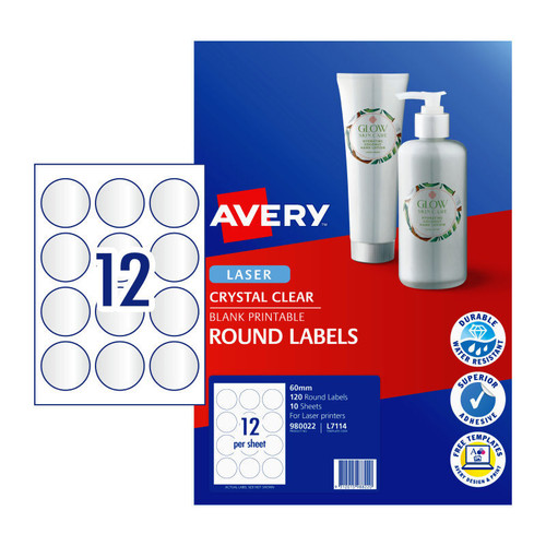 Avery Crystal Clear Round Labels for Laser Printers, 60 mm diameter, 120 Labels (980022 / L7114)