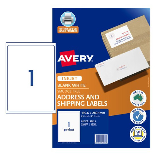 Avery Inkjet Label J8167 1UP Pack of 25 - 199.6 x 289.1 mm, Inkjet, Permanent