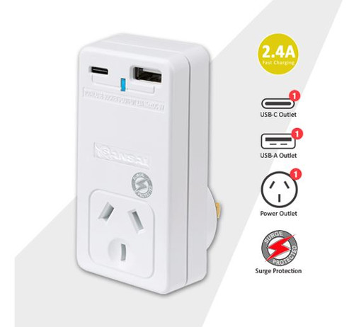 Sansai USB C + A 2xUSB charging Outlets Power Adaptor 240V 10A Surge protection Power status indicator Wall Charger Sansai USB C + A 2xUSB charging Outlets Power Adaptor 240V 10A Surge protection Power status indicator Wall Charger