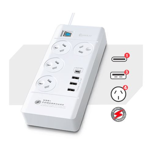 Sansai 4 Outlet 3xUSB-A & 1xUSB-C Powerboard Master On/Off switch Surge and overload protected Fast charging 1M 20W 220-240V 10A IV Retail box Sansai 4 Outlet 3xUSB-A & 1xUSB-C Powerboard Master On/Off switch Surge and overload protected Fast charging 1M 20W 220-240V 10A IV Retail box