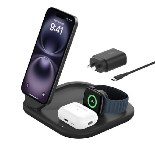 Belkin BoostCharge 3-in-1 Magnetic Foldable Wireless Charger 15W With Qi2 - Black (WIZ029auBK),30W USB-C PS,1.5m USB-C to USB-C Cable,2 Years Warranty