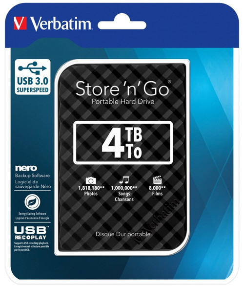 Verbatim 4TB 2.5' USB 3.0 Black Store'n'Go HDD Grid Design.