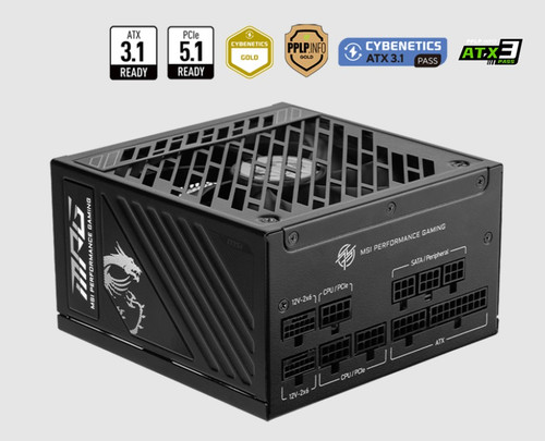 MSI MPG A1000GS PCIE5 1000W ATX Power Supply Unit, 80 PLUS Gold, Fully modular flat cables, 0 RPM Mode, Active PFC design