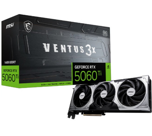 MSI nVidia GeForce RTX™ 5060 Ti 16G VENTUS 3X OC, PCI Express® Gen 5 x 16,. Boost: 2602 MHz, CUDA 4608 Units, 16GB GDDR7, HDMI™ x 1