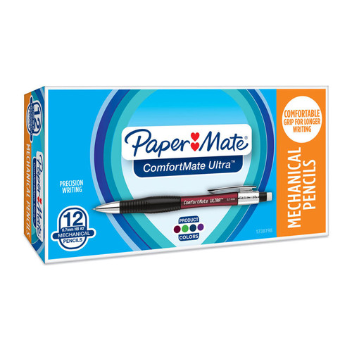 Paper Mate Comfortmate Mechanical Pencil 0.7mm Pk12 is specially designed for comfort and precision. It features an ergonomic hourglass shape, HB pencil leads and click-to-advance lead and quality erasers. Tip size: 0.5mm Paper Mate Comfortmate Mechanical Pencil 0.7mm Pk12 is specially designed for comfort and precision. It features an ergonomic hourglass shape, HB pencil leads and click-to-advance lead and quality erasers. Tip size: 0.5mm