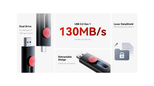 Lexar JumpDrive D300 OTG USB 3.1 USB Type-C and USB Type-A 128GB ,  5 year Warranty.