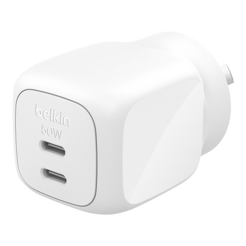 Belkin BoostCharge Pro 50W Dual USB-C GaN Wall Charger - White (WCH019AUWH), Compact Laptop Charger, Travel-Ready, CEW $2500, 2 Years Warranty