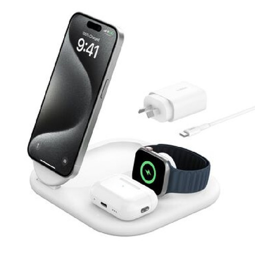 Belkin BoostCharge 3-in-1 Magnetic Foldable Qi2 Wireless Charger + 36W Wall Charger + USB-C Cable (1.5M) - White (WIZ029auWH), 15W, 2 Years Warranty