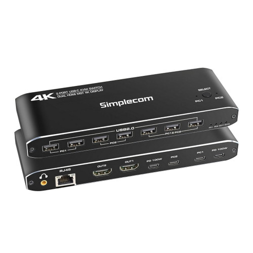 Simplecom KM590 2-Port USB-C Dual 4K HDMI Monitor KVM Switch and Docking Station with Network Sharing