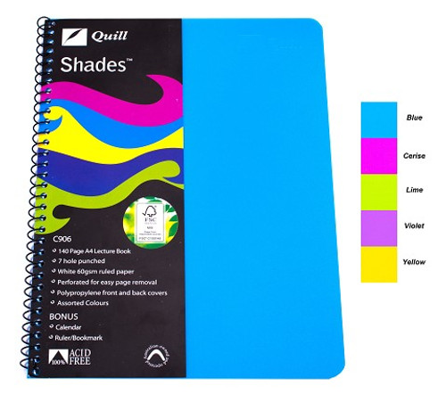 Lecture Notebook Quill A4 140 Page Shades Spiral Side Opening 10493A Assorted Pack 10