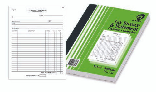 Invoice and Statement Tax Book Carbonless Olympic 727 Triplicate 254mm x 200mm
