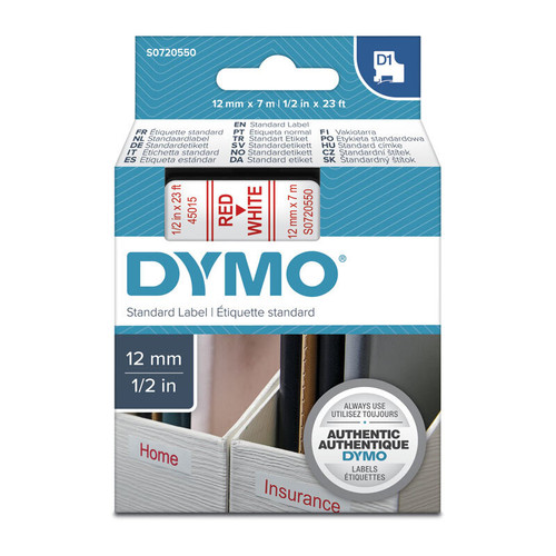 Dymo D1 LABEL 12mm x 7m - RED ON WHITE