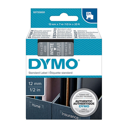 Dymo D1 LABEL 12mm x 7m - WHITE ON CLEAR