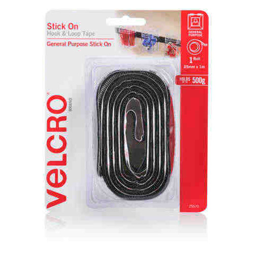 Velcro Stick On Tape Hook and Loop 25mm x 1m Black