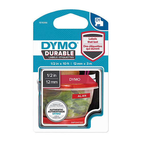 Dymo D1 Durable Lable White on Red 12mm x 3m