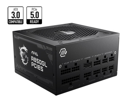 MSI MAG A850GL PCIE5 850W Up to 90% (80 Plus Gold) ATX Power Supply Unit, PFC, 100~240 VAC, 850W, 47-63Hz, PCI-E, SATA, FDD