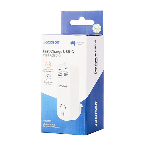 Jackson 1 Outlet with 2 x USB-A + 2 x USB-C Charging Ports (3A Total) - White