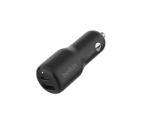 Belkin Universal 42W Dual Port Car Charger with PPS - Black (CCB005BTBK), 1xUSB-C (PD, 30W), 1XUSB-A(12W), Dual Port Fast & Compact Charger, 2YR
