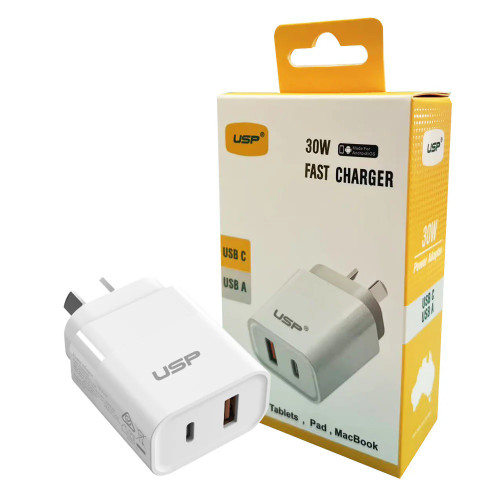 USP 30W Dual Ports (USB-C PD + USB-A QC3.0) Fast Wall Charger - Safe Charge,Compact, Travel Ready, Charge 2 Devices Simultaneously, 2 Years Warranty