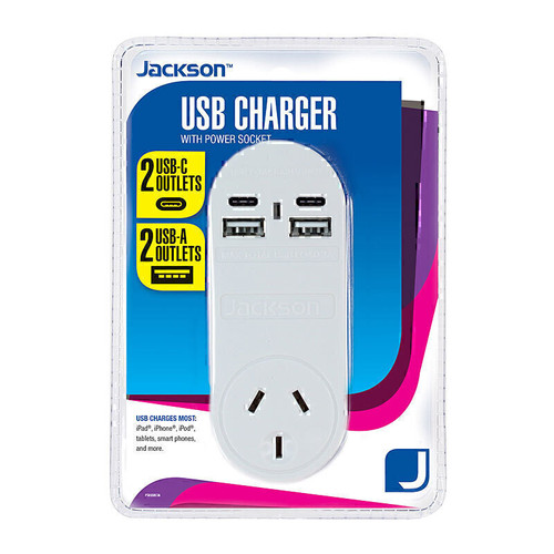 Jackson 1 Outlet with 2 x USB-A + 2 x USB-C Charging Ports (3A Total) - White