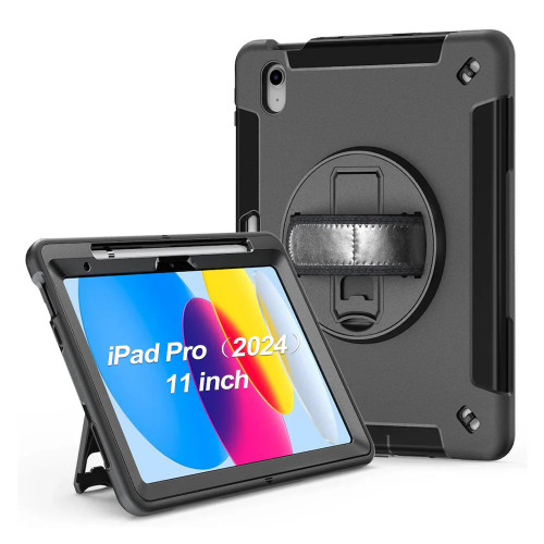Generic Rugged Apple iPad Pro M4 (11') (5th Gen) Case Black - Built-in-Kickstand, Adjustable Hand Strap, Pen Holder, DropProof