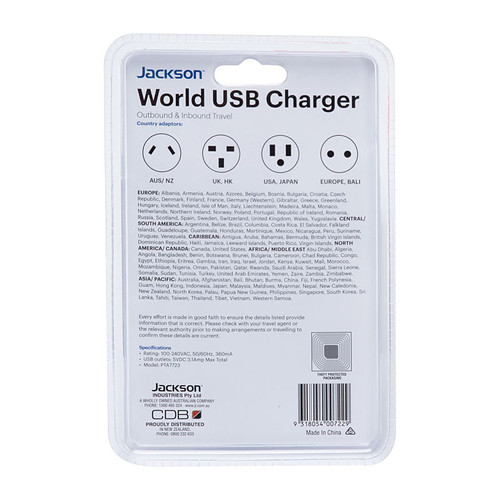 Jackson Worldwide USB Charger with 2 x USB-A + 1 x USB-C Charging Ports (3.1A Total) - White