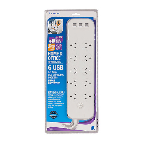 Jackson 10 Outlet Surge Protected Powerboard with Master Switch with 6 Fast Charging USB Ports (4.5A Total) - 1m Lead / White