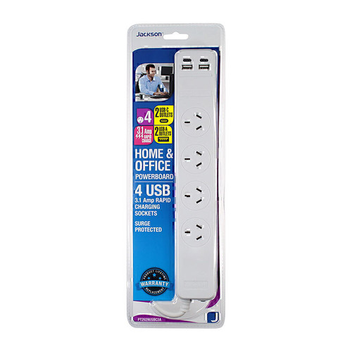 Jackson 4 Outlet Surge Protected Powerboard with 2 x USB-A + 2 x USB-C Charging Ports (3.1A Total) - 1m Lead / White