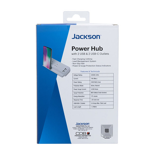 Jackson 2 Outlet Surge Protected Powerboard with 2 x USB-A + 2 x USB-C Charging Ports (3.4A Total) - 1.2m Lead / Gloss White