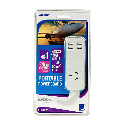 Jackson Single Outlet Portable Powerboard with 4x USB Charging Ports (3.4A Total) - 90cm Lead / White
