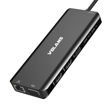 Volans VL-UCTDMH-S, USB-C Triple Display Docking Station, 100W, 2xHDMI, 1xVGA, 1xRJ-45, 2xUSB-C, 5xUSB-A, 1xSD Slot, 1xMicroSD Slot, 1 Year Warranty