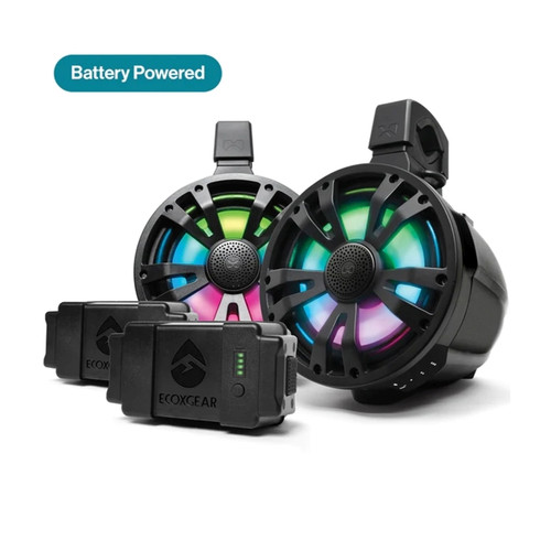 EcoXgear ETBB08 2-Pack Black 8 Inch Marine Amplified Speakers + 2 Battery Pack