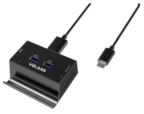 Volans VL-HB03R-C, Aluminium USB-C to 3xUSB3.0 Hub + Multi Card Reader with Phone &amp; Tablet Stand, 1 Year