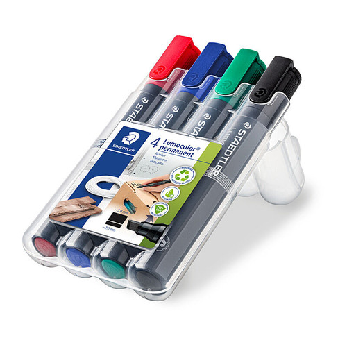 Staedtler Lumo Perm Chisel Marker Astd Wlt4 are  Smudge?proof, waterproof, fast?drying, low?odour and colour?intense. Lightfast, weatherproof black. DRY SAFE, airplane?safe. Locked tip, PP barrel. Line width 2?5?mm. Refillable with 488?50.