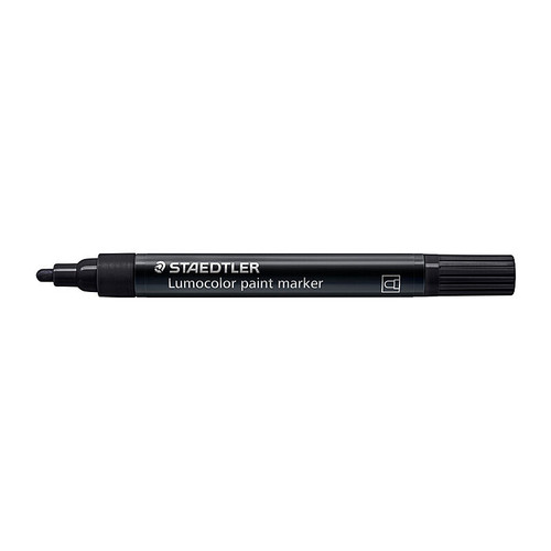 Staedtler Lumocolor Paint Marker 349 Black. Opaque on light and dark surfaces. Perm, low?odour acrylic ink. Smudge?proof, waterproof, fast?drying, lightfast and weatherproof. Even ink flow via valve system. Mixable before drying. Line width 2.4?mm
