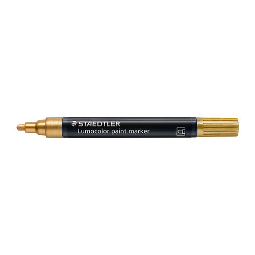 Staedtler Lumocolor Paint Marker 349 Gold. Opaque on light and dark surfaces. Perm, low?odour acrylic ink. Smudge?proof, waterproof, fast?drying, lightfast and weatherproof. Even ink flow via valve system. Mixable before drying. Line width 2.4?mm