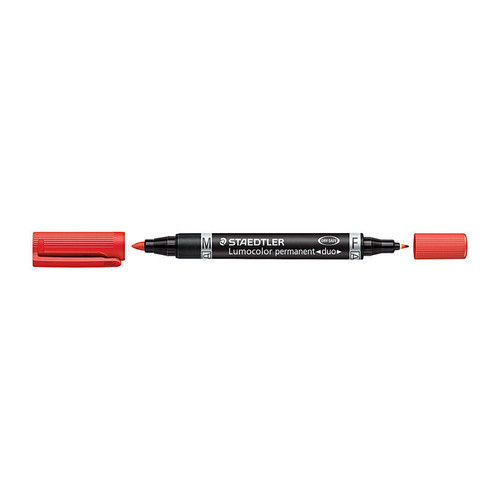 Staedtler Lumocolor Duo Perm Red Bx10. Handy dual?tip marker for most surfaces. Smudge?proof, waterproof, fast?drying, low?odour, DRY SAFE and airplane?safe. Locked tips, PP barrel, lightfast black. Lines 0.6?mm F and 1.5?mm M. Refillable with 488?48