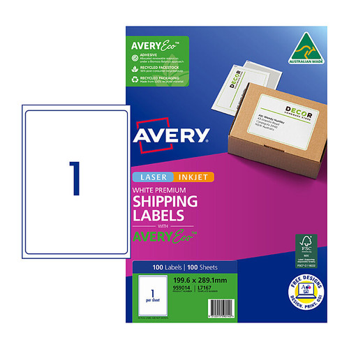 AveryEco Label 199.6 X 289.1mm L7167 1UP Pk100. Perfect for labelling packages and envelopes, Avery Premium Address and Shipping Labels with AveryEco stay firmly attached during delivery.